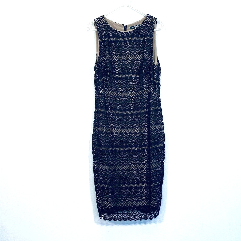 Ralph Lauren Dress 14 Black Lace Overlay Sleeveless Sheath Formal Party Cocktail